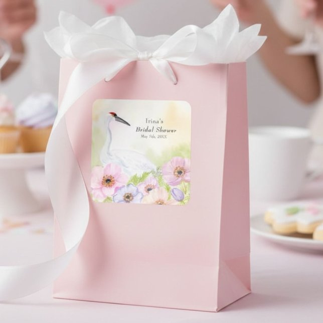  Bridal Shower Whooping Crane with Anemones  Square Sticker (Creator Uploaded)