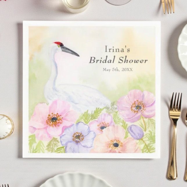 Bridal Shower Whooping Crane with Pastel Anemones  Napkin (Creator Uploaded)