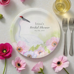 Bridal Shower Whooping Crane with Pastel Anemones Paper Plate