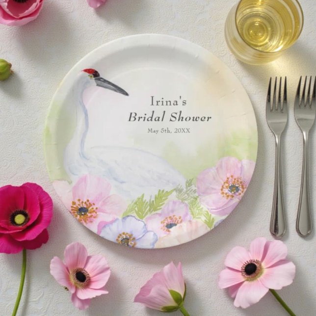 Bridal Shower Whooping Crane with Pastel Anemones  Paper Plate (Creator Uploaded)