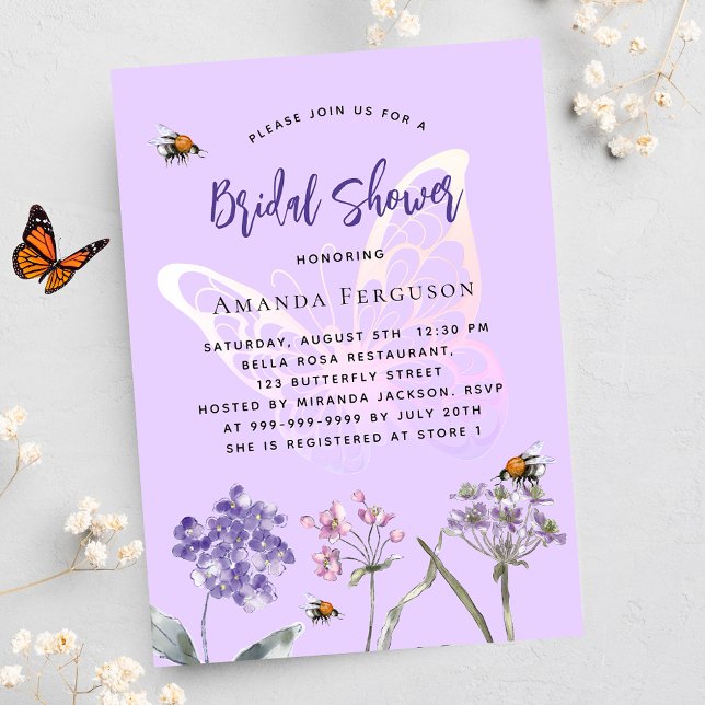 Bridal Shower wildflowers violet butterfly Invitation Postcard (Creator Uploaded)