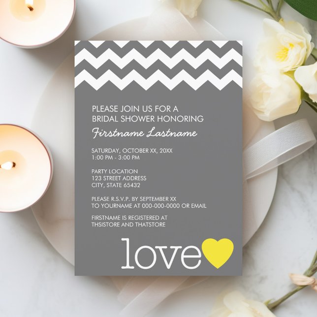 Bridal Shower with modern chevrons and heart Invitation (Bridal Shower Invitation - mod chevron with yellow and gray)
