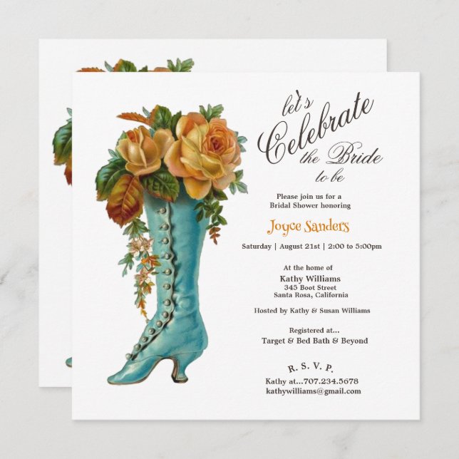 Bridal Shower Women's Vintage Boot with Roses  Invitation (Front/Back)