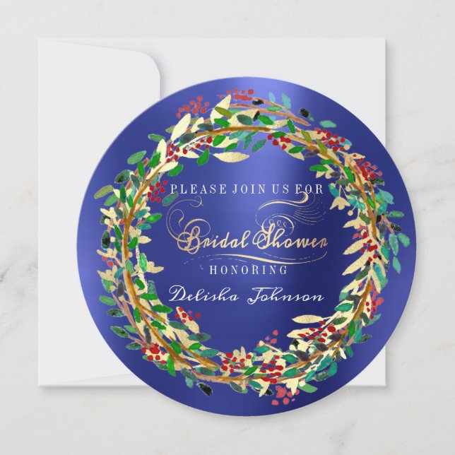 Bridal Shower Woodland Cobalt Floral Green Gold Invitation (Front)