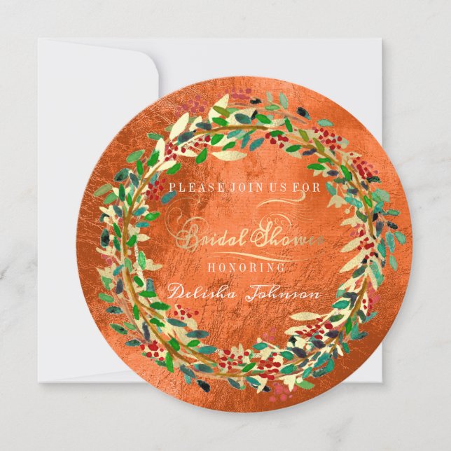 Bridal Shower Woodland Orange Floral Green Gold Invitation (Front)