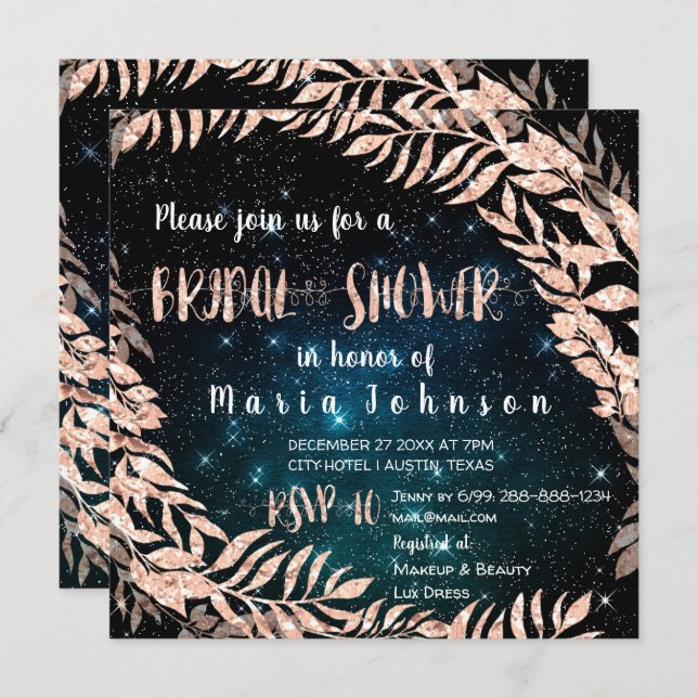 Bridal Shower Wreath Rose Gold Blue Sky Teal Stars Invitation (Front/Back)