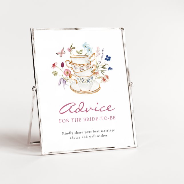 Bridal Tea Advice Poster (Floral Bridal Party Tea Cup Advice Poster with Butterfly by Painted Paperie
)