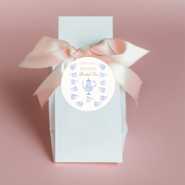Bridal Tea Blue China White Lace Gold Shower Classic Round Sticker (Creator Uploaded)