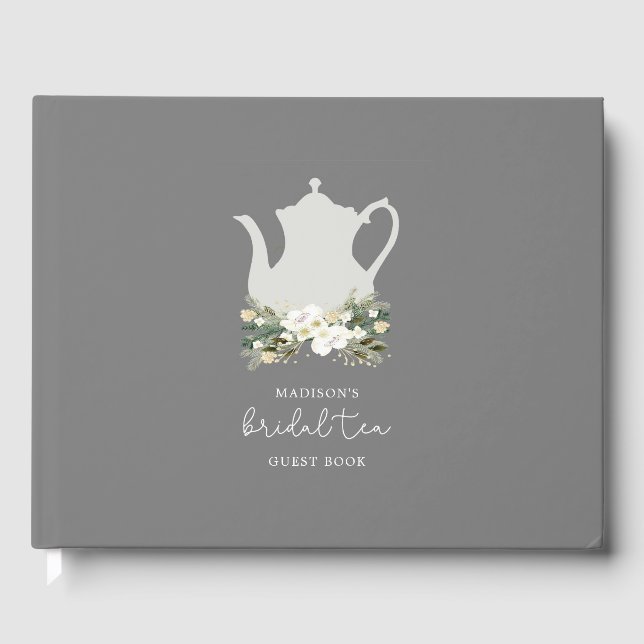Bridal Tea Grey Watercolor Flowers Guest Book (Front)