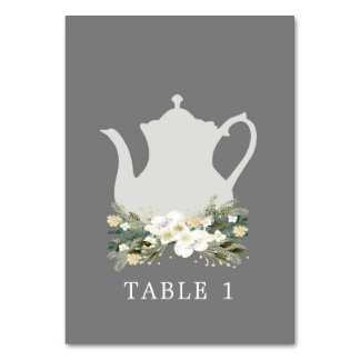 Bridal Tea Grey Watercolor Flowers Table Number