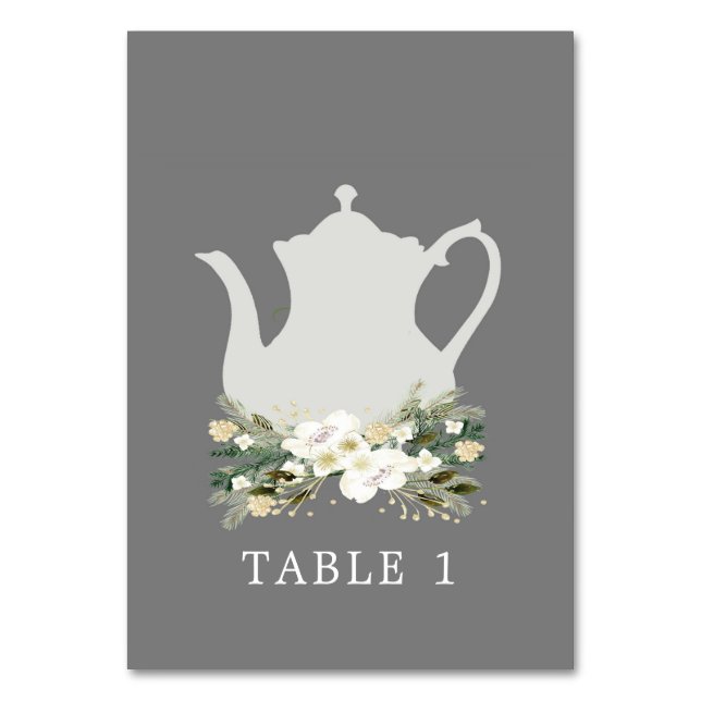 Bridal Tea Grey Watercolor Flowers Table Number (Front)