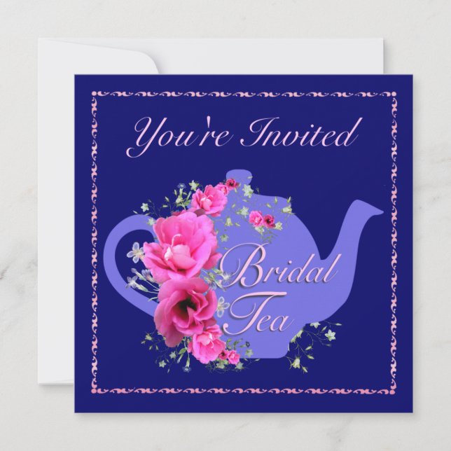 Bridal Tea Invitations Teapot and Pink Flowers (Front)