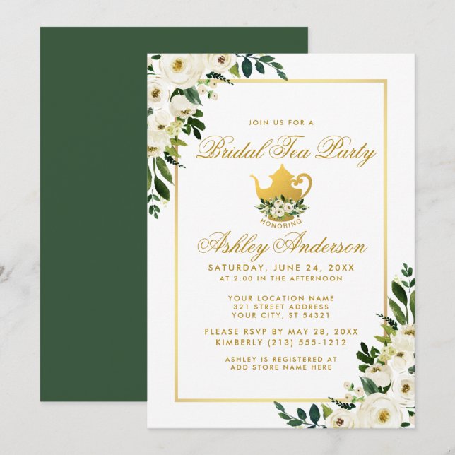 Bridal Tea Party Floral Green Gold  Invitation G (Front/Back)