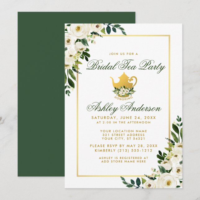 Bridal Tea Party Floral Green Gold  Invitation GB (Front/Back)