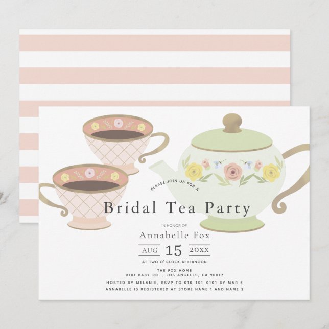 Bridal Tea Party Tea Pot & Cups Bridal Shower Invitation (Front/Back)