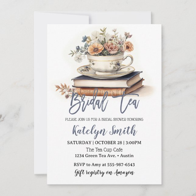 Bridal Tea Shower Dusty Blue Tea Cup Floral Book Invitation (Front)