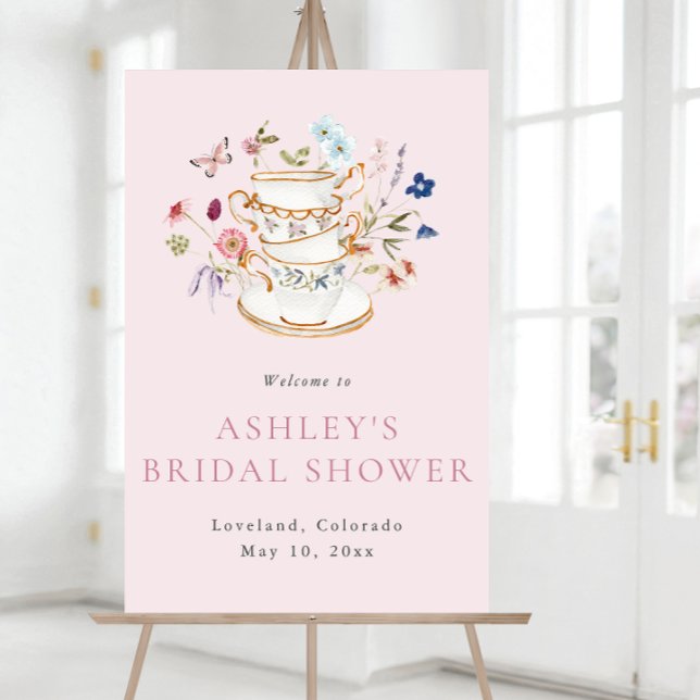 Bridal Tea Welcome Poster (Floral Pink Bridal Tea Welcome Poster with Butterfly by Painted Paperie
)