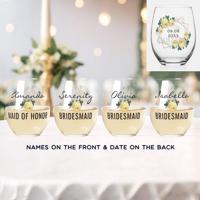 Bridal Team Gold Glitter Geo Yellow Floral Wedding Stemless Wine Glass (Zazzle Bridal Team Gold Glitter Geo Yellow Floral Wedding Stemless Wine Glass)