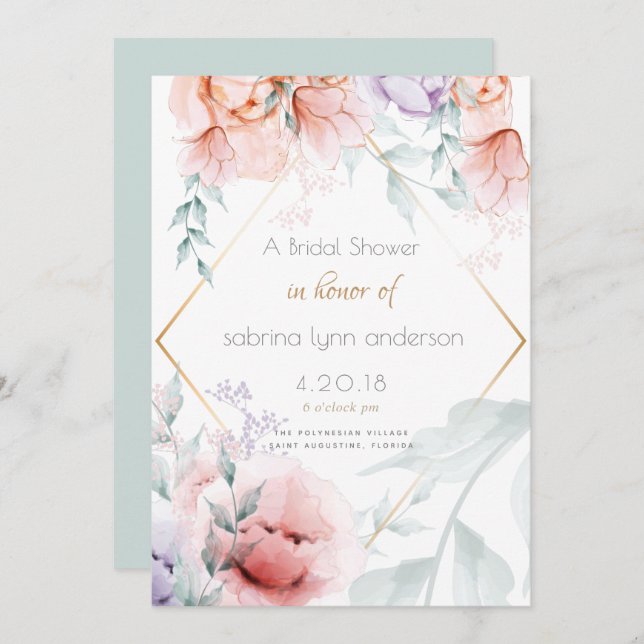 Bridal | Trendy Coral and Lilac Aquarelle Peonies Invitation (Front/Back)