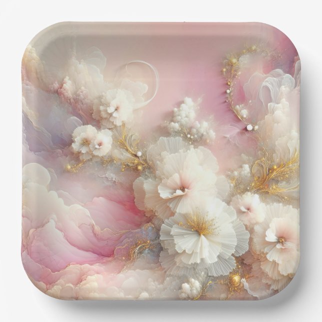 Bridal Tulle Floral Abstract Paper Plate (Front)