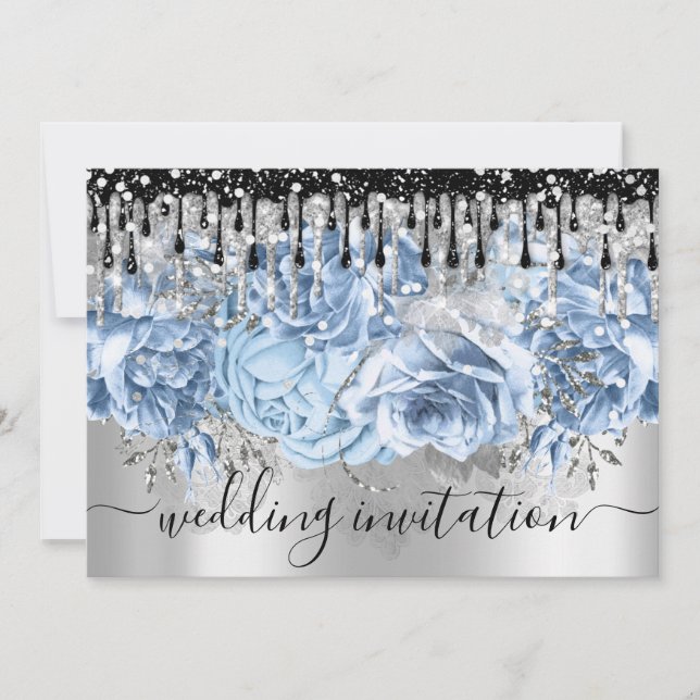 Bridal Wedding Glitter Drips Blue Silver Grey Invitation (Front)