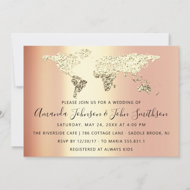 Bridal Wedding Gold Destination Map Globe Coral Invitation (Front)