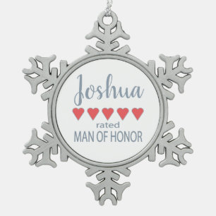 Bridal & Wedding Party 5 Heart Man of Honour Snowflake Pewter Christmas Ornament