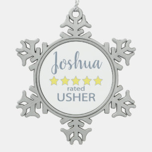 Bridal & Wedding Party 5 Star Usher Snowflake Pewter Christmas Ornament