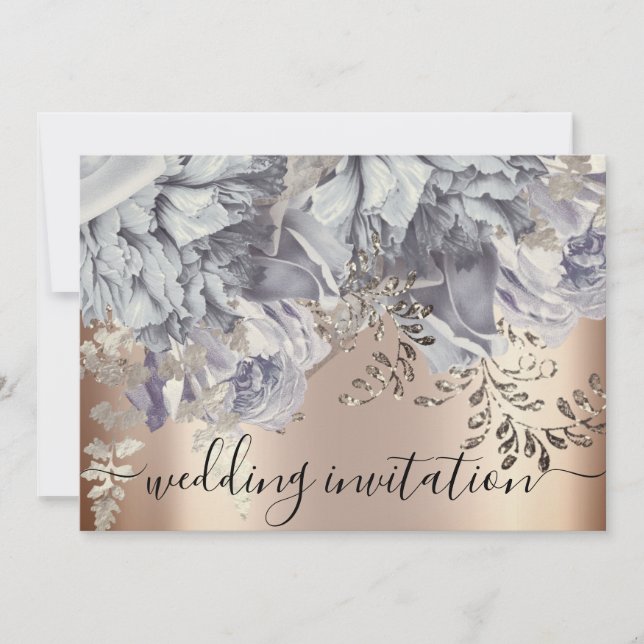 Bridal Wedding Rose Blue Silver Lights Flowers Invitation (Front)