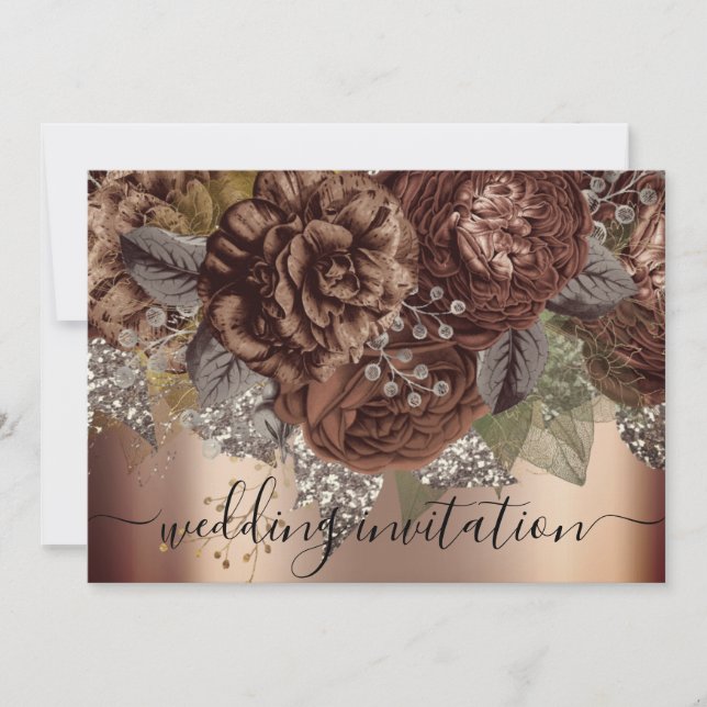 Bridal Wedding Rose Gold Brown Roses Silver Invitation (Front)