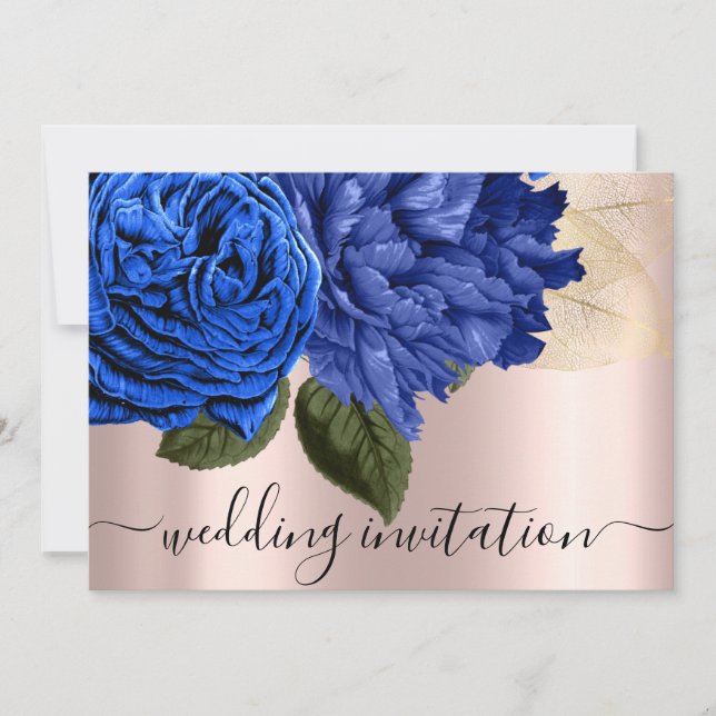 Bridal Wedding Royal Blue Gold Roses Flowers  Invitation (Front)