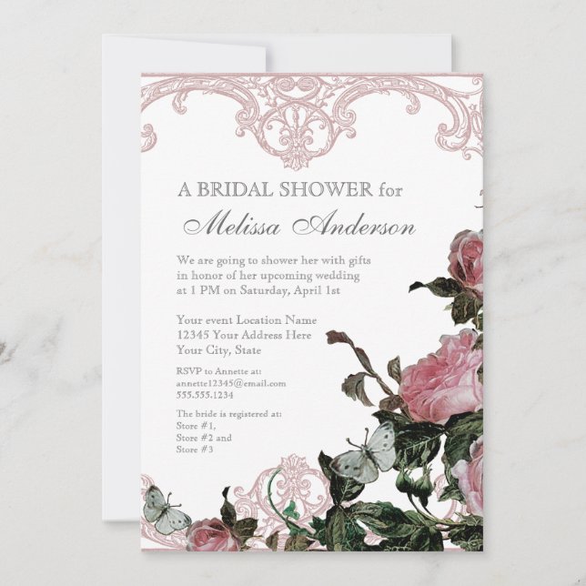 Bridal Wedding Shower Invite, Trellis Rose Vintage Invitation (Front)