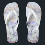 Bridal White Gold Pink Elegant Jandals<br><div class="desc">Wedding party gift. Bridal elegant white gold pink pearls purple floral print design wedding shoes. Comfortable custom typography summer beach flip sandals for bride. Text can be personalised. Image copyright Marg Seregelyi Photography.</div>