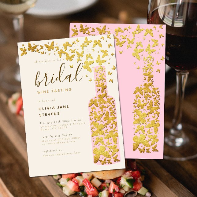 Bridal Wine Party Pink Bottle Gold Butterflies Invitation (Creator Uploaded)