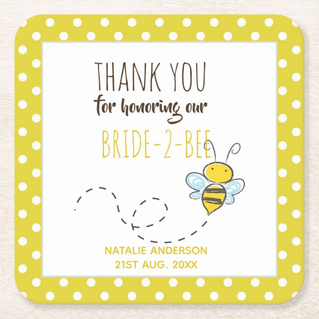 Bride 2 BEE Cute Yellow Polkadot Bridal Shower Square Paper Coaster (Front)
