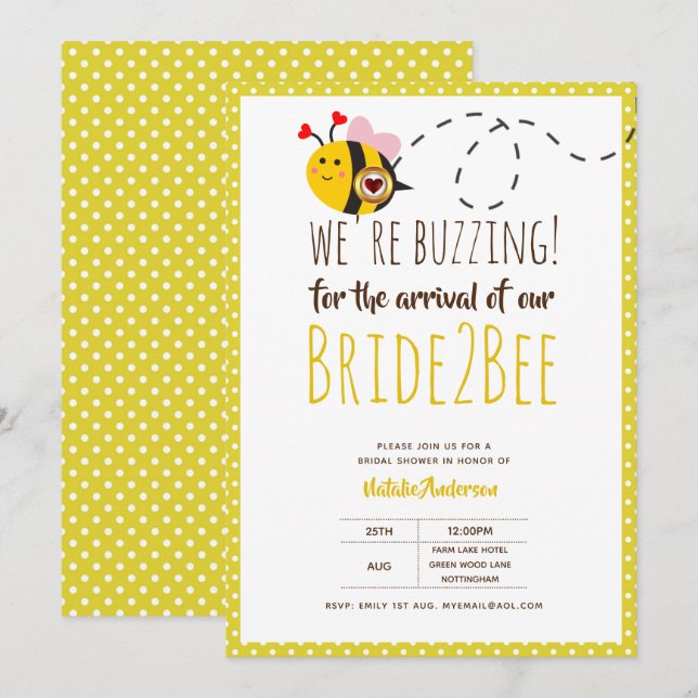 Bride 2 BEE Cute Yellow Wedding or Bridal Shower Invitation (Front/Back)