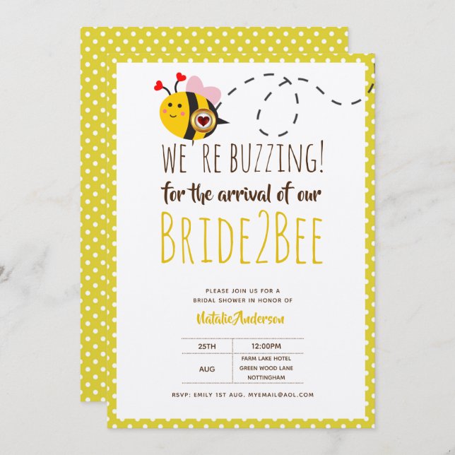 Bride 2 BEE Cute Yellow Wedding or Bridal Shower Invitation (Front/Back)