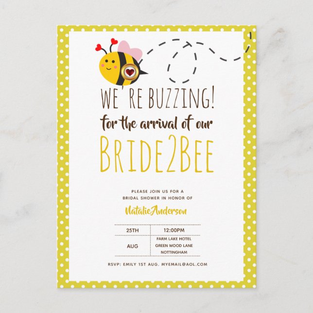 Bride 2 BEE Cute Yellow Wedding or Bridal Shower Postcard (Front)
