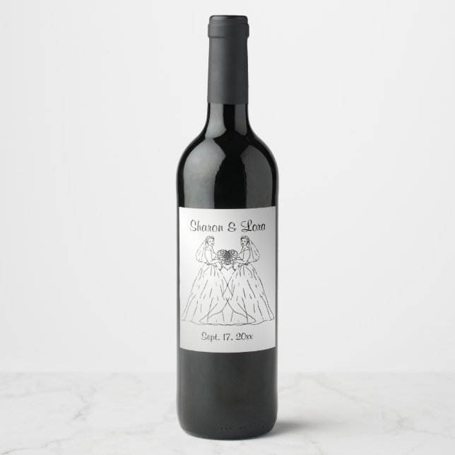 Bride and Bride Wedding Personalised Silver Wine Label (Front)