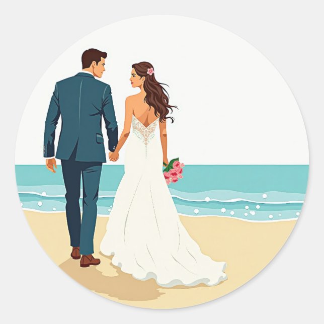 Bride and Groom at the Beach Classic Round Sticker (Front)