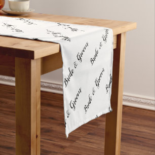 Bride and Groom Black White Script Short Table Runner