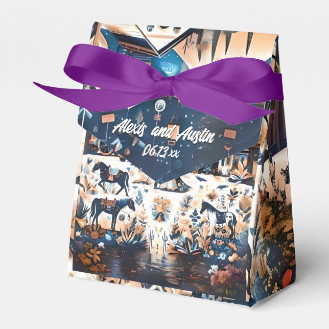 Bride and Groom Blue Western Pattern Wedding Favour Box (Front Side)