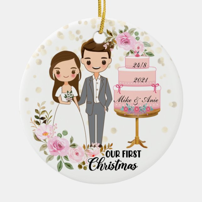 Bride and Groom Chibi Wedding Gift Keepsake Person Ceramic Tree Decoration (Front)