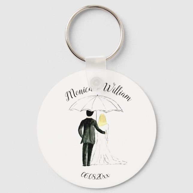 Bride and Groom Couple Elegant Date Wedding Key Ring (Front)