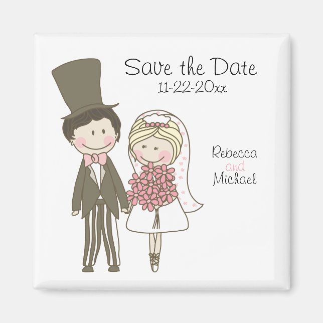 Bride and Groom Cute Cartoon Save the Date Wedding Magnet (Front)