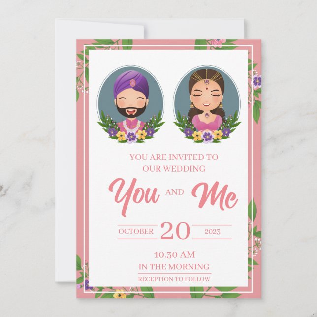 Bride and groom cute couple indian dress cartoon invitation (Front)