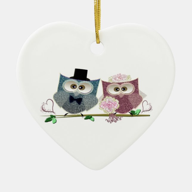 Bride and Groom cute Owls Art Ceramic Tree Decoration (Front)