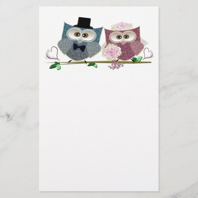 Bride and Groom cute Owls Art Stationery (Front)