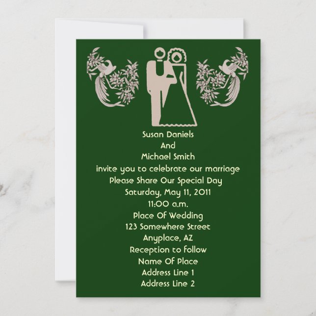 Bride And Groom Doves Green Wedding  Invitation (Front)