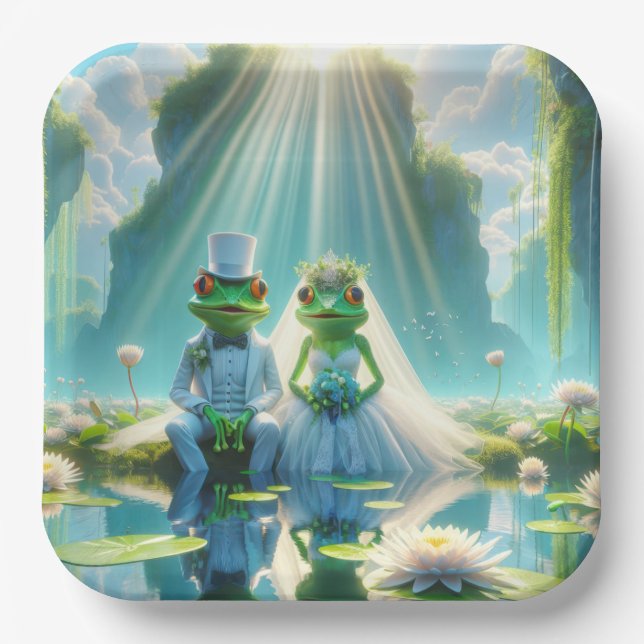 Bride and Groom Frogs On Lily Pad Paper Plate (Front)